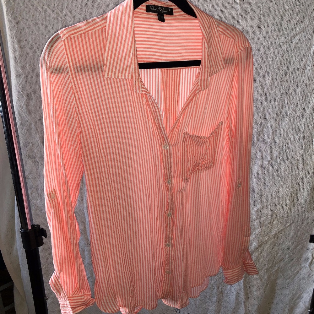 pink and white long sleeve button up